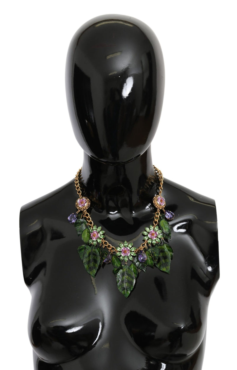 Green Leaves Gold Brass Crystal Flower Pendant Necklace-Dolce & Gabbana-LabelTerrace.com