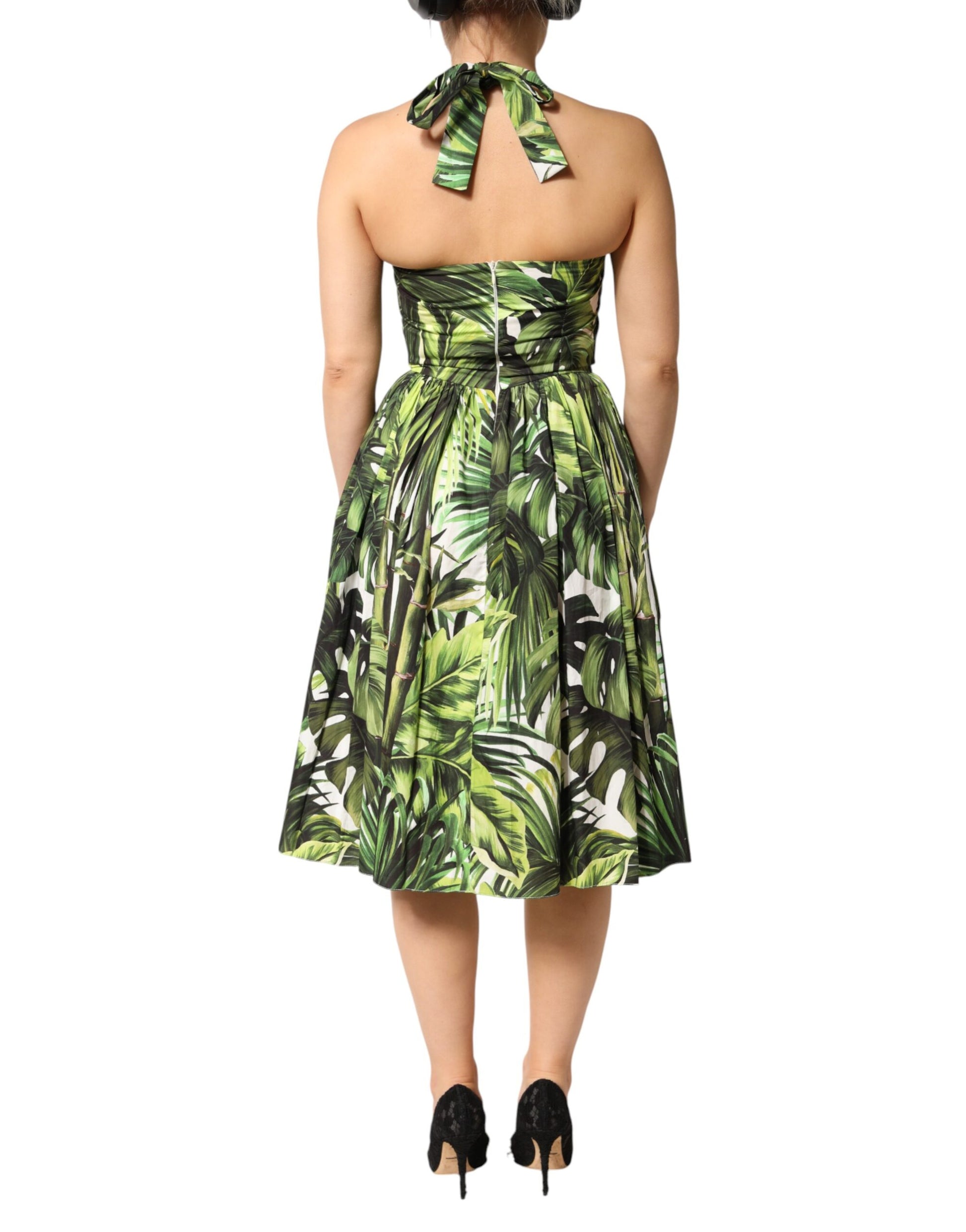 Green Leaves Print Cotton Halter Midi Dress