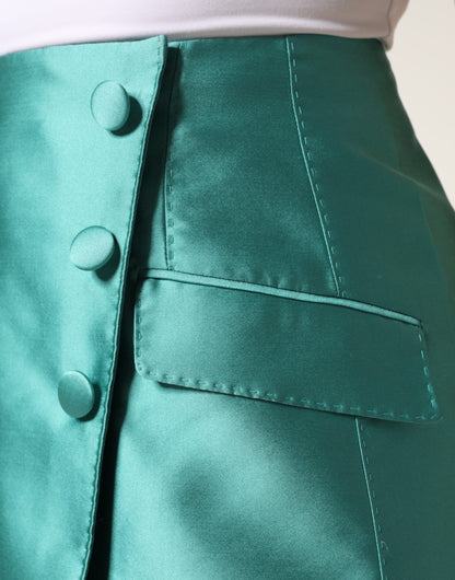 Green Polyester Button High Waist Mini Skirt