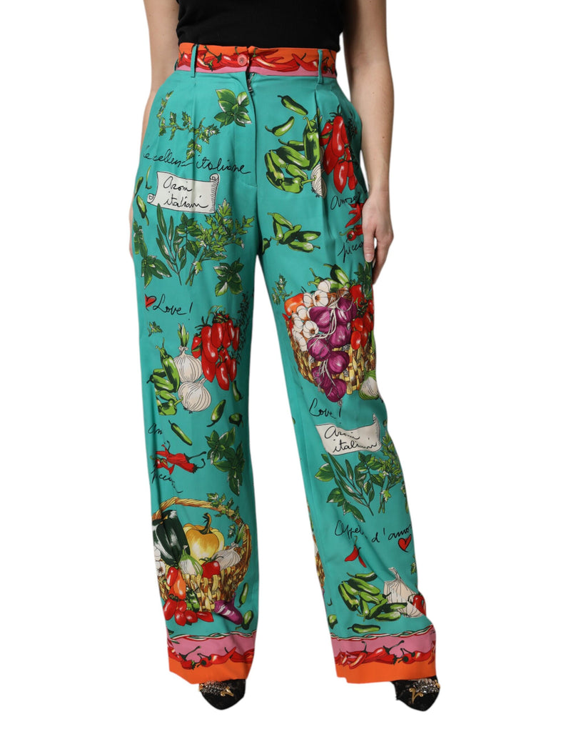 Green Silk Printed Straight Pants-Dolce & Gabbana-LabelTerrace.com
