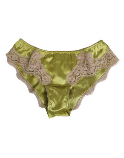 Green Silk Satin Floral Lace Trim Panty Underwear