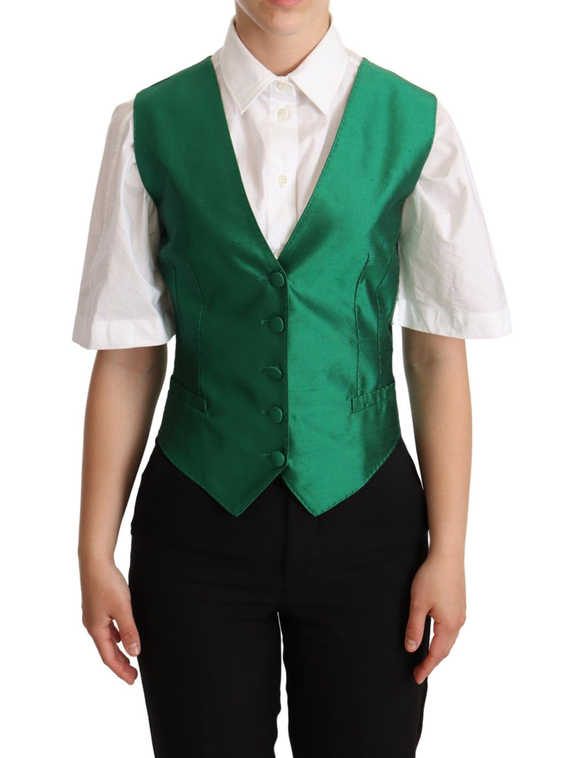 Green Silk Satin Sleeveless Waistcoat Vest-Dolce & Gabbana-LabelTerrace.com
