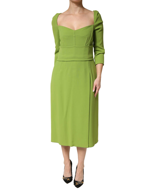 Green Silk Sweetheart Neckline Midi Dress