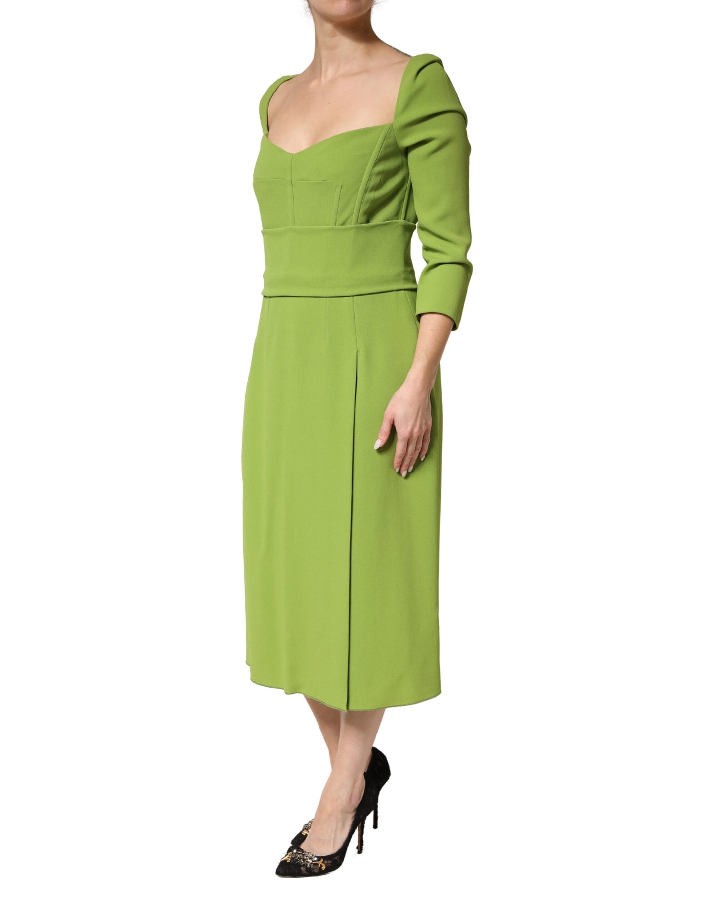 Green Silk Sweetheart Neckline Midi Dress