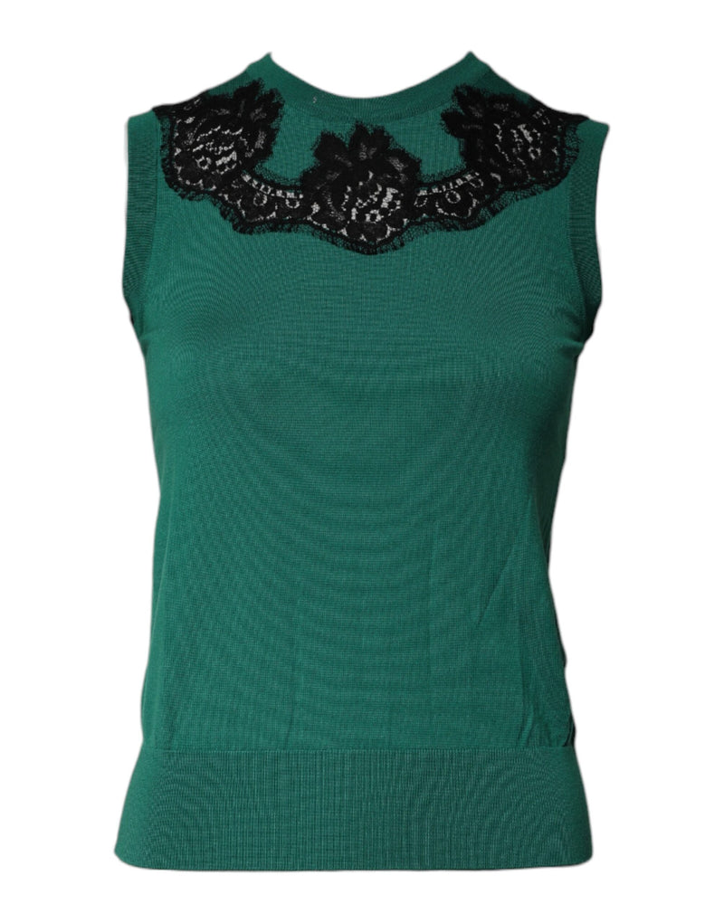 Green Wool Lace Detail Sleeveless Tank Top-Dolce & Gabbana-LabelTerrace.com