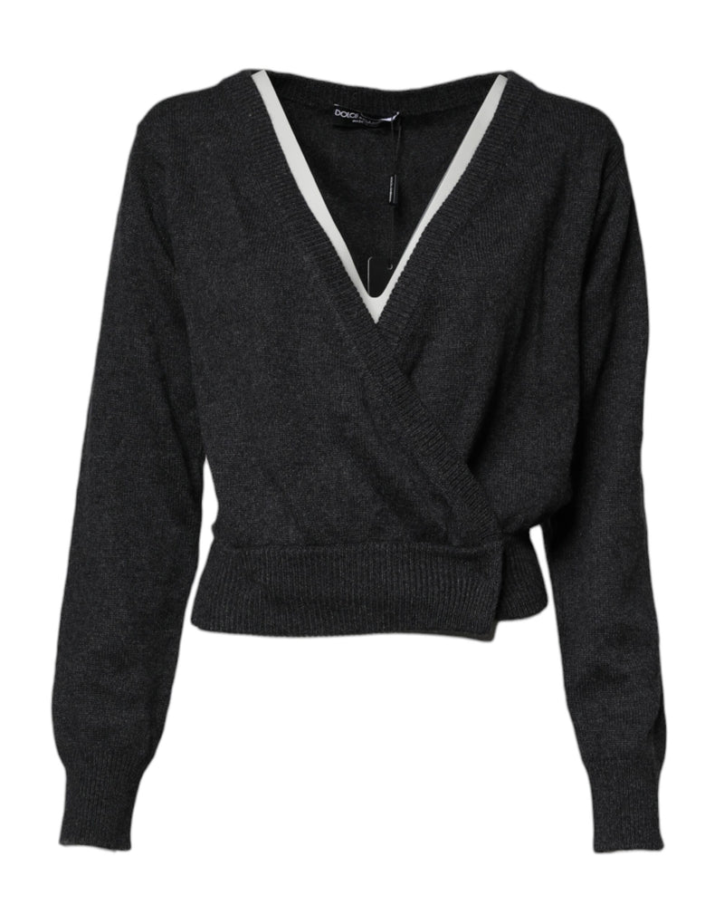 Grey Cashmere Deep V-neck Pullover Sweater-Dolce & Gabbana-LabelTerrace.com