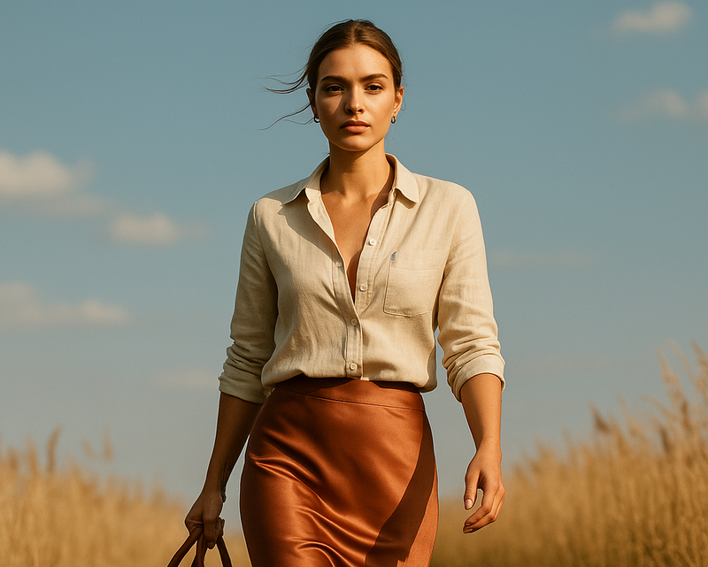 Woman holding a suitcase in a field with a clear sky