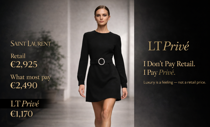 Model wearing a black dress with text about Saint Laurent and LT Prive on a gray background