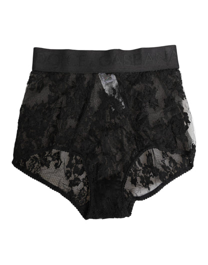 High Waist Briefs Black Floral Lace Underwear