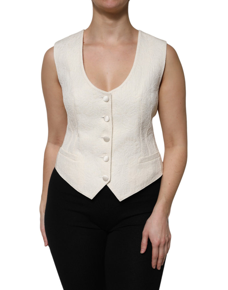 Ivory Cotton Button Down Sleeveless Vest Top-Dolce & Gabbana-LabelTerrace.com