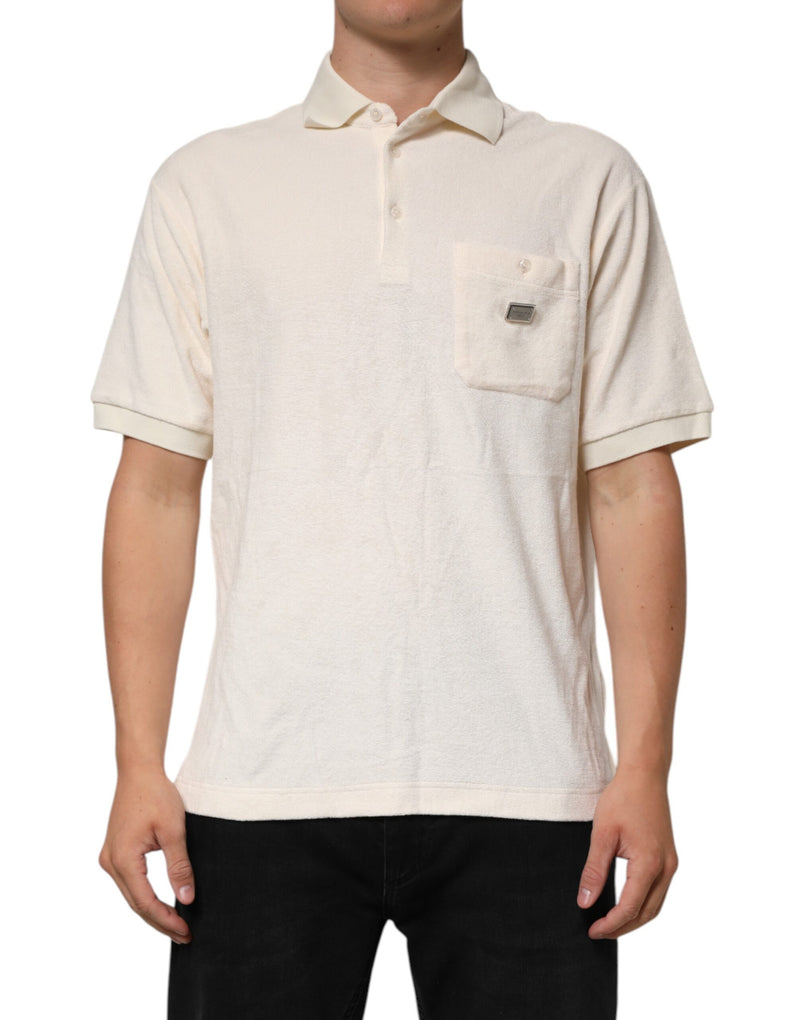 Ivory Cotton Terry Logo Pocket Polo T-shirt-Dolce & Gabbana-LabelTerrace.com