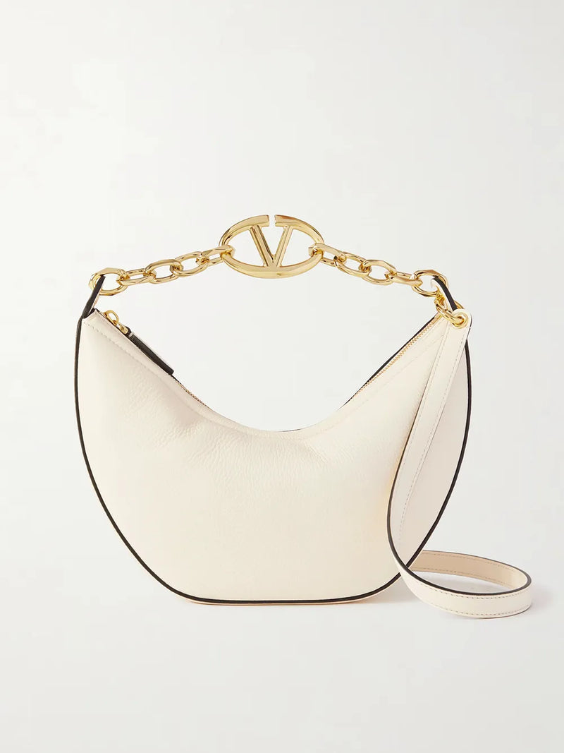 Ivory Leather Small Hobo Vlogo Shoulder Bag