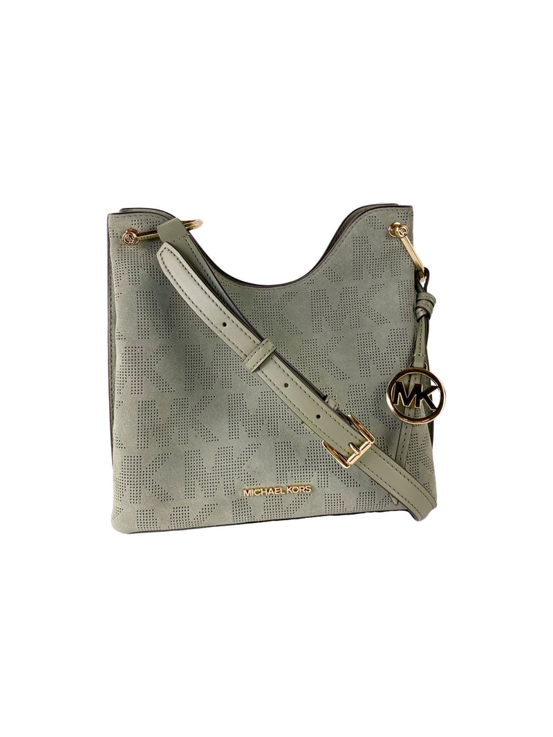 Joan Large Perforated Suede Leather Slouchy Messenger Handbag (Army Green)-Michael Kors-LabelTerrace.com