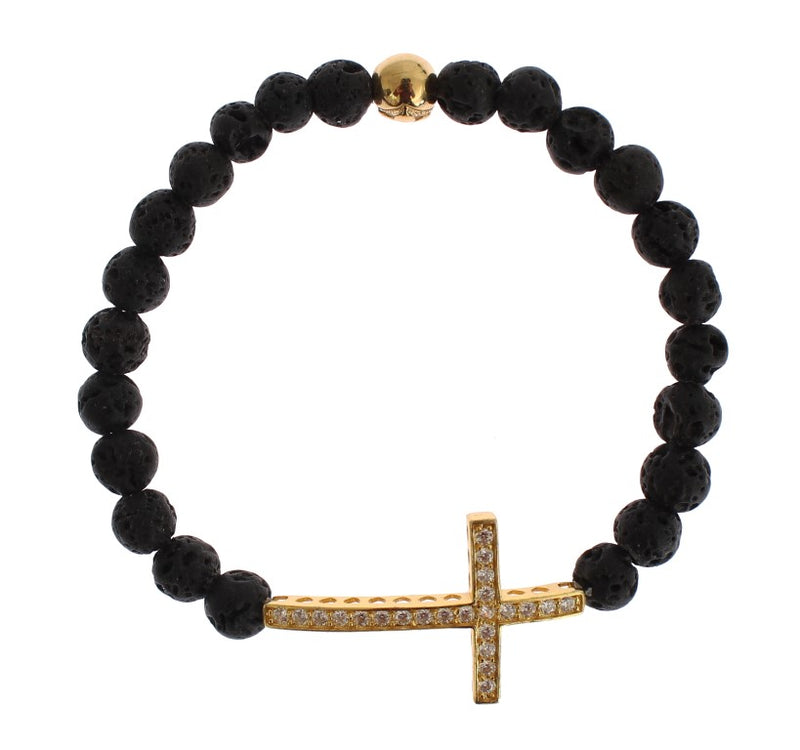 Lava Stone Gold Clear CZ Cross 925 Silver Bracelet-Nialaya-LabelTerrace.com