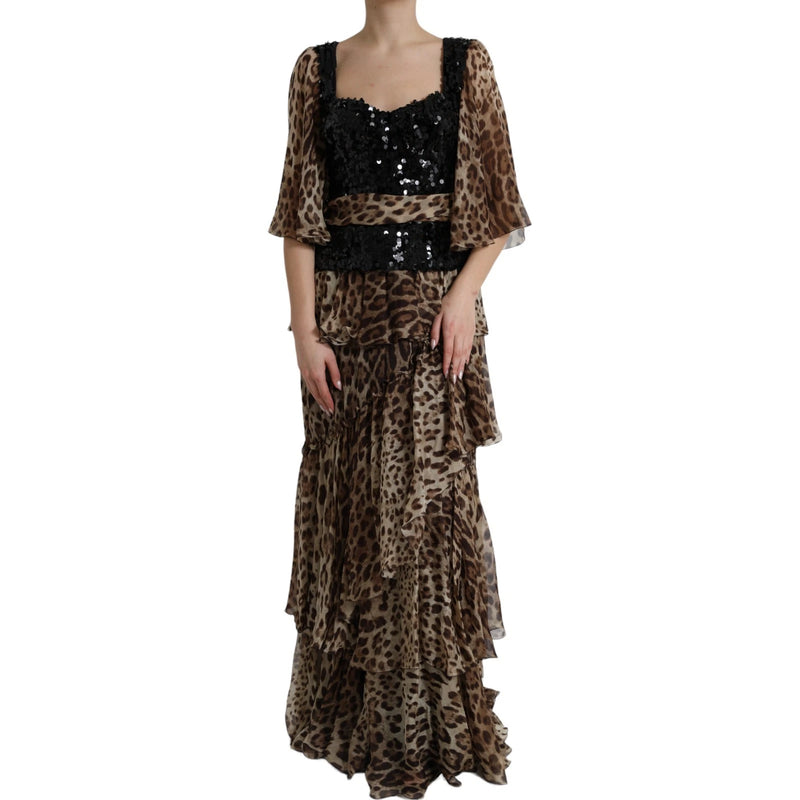 Leopard Print Silk Sequin Ruffle Maxi Dress-Dolce & Gabbana-LabelTerrace.com