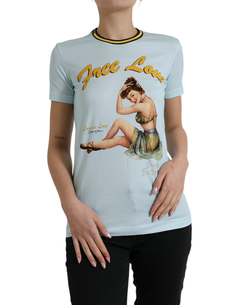 Light Blue Cotton Free Love Crew Neck T-shirt-Dolce & Gabbana-LabelTerrace.com