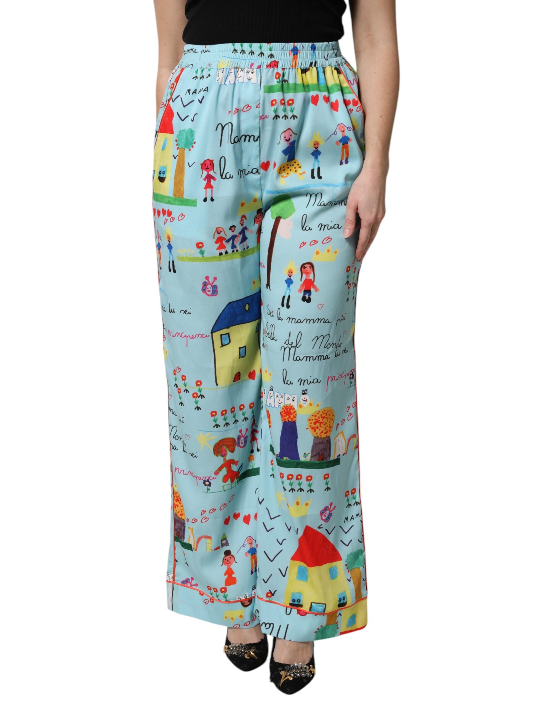 Light Blue Drawing Mid Waist Wide Leg Pants-Dolce & Gabbana-LabelTerrace.com