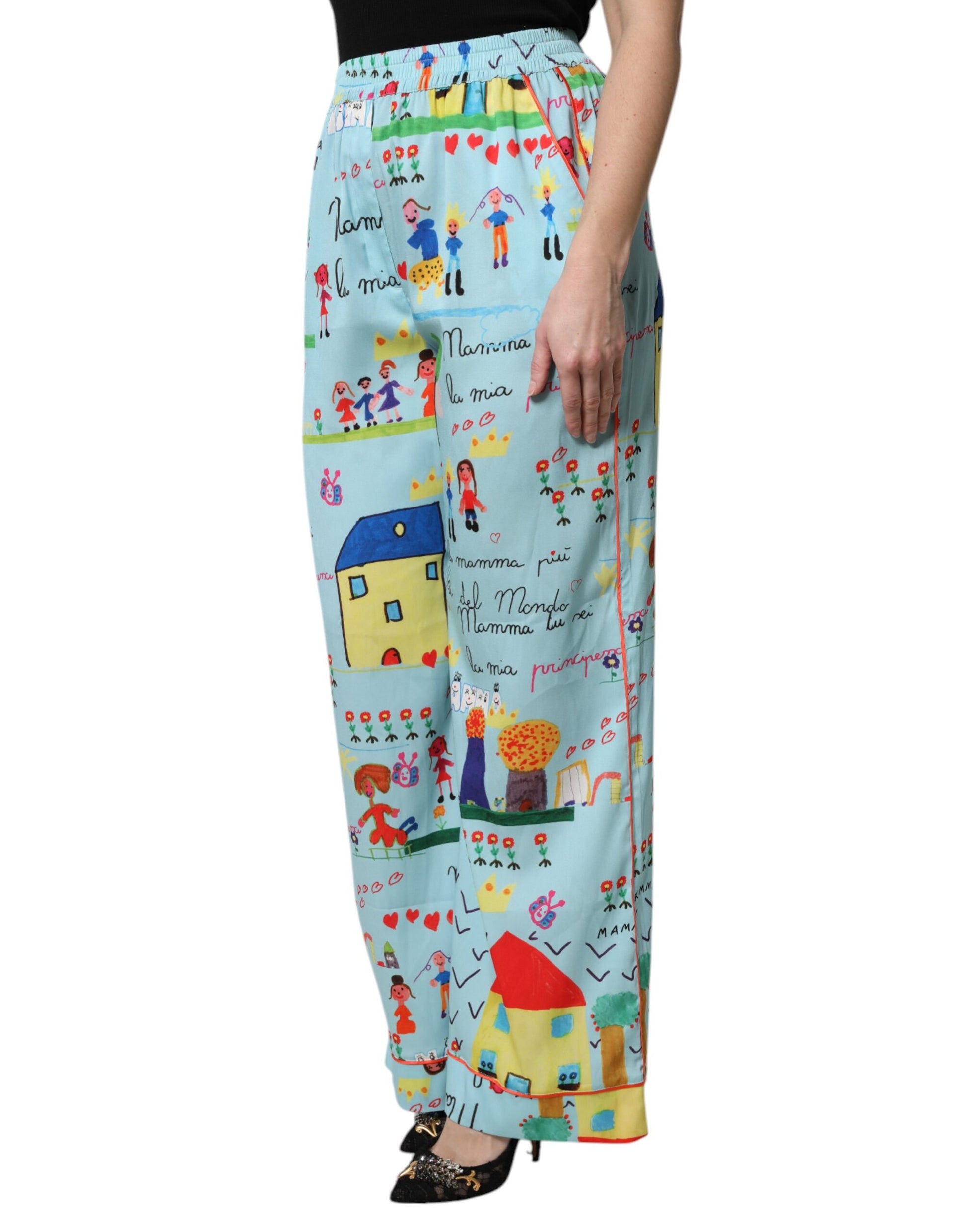 Light Blue Drawing Mid Waist Wide Leg Pants-Dolce & Gabbana-LabelTerrace.com