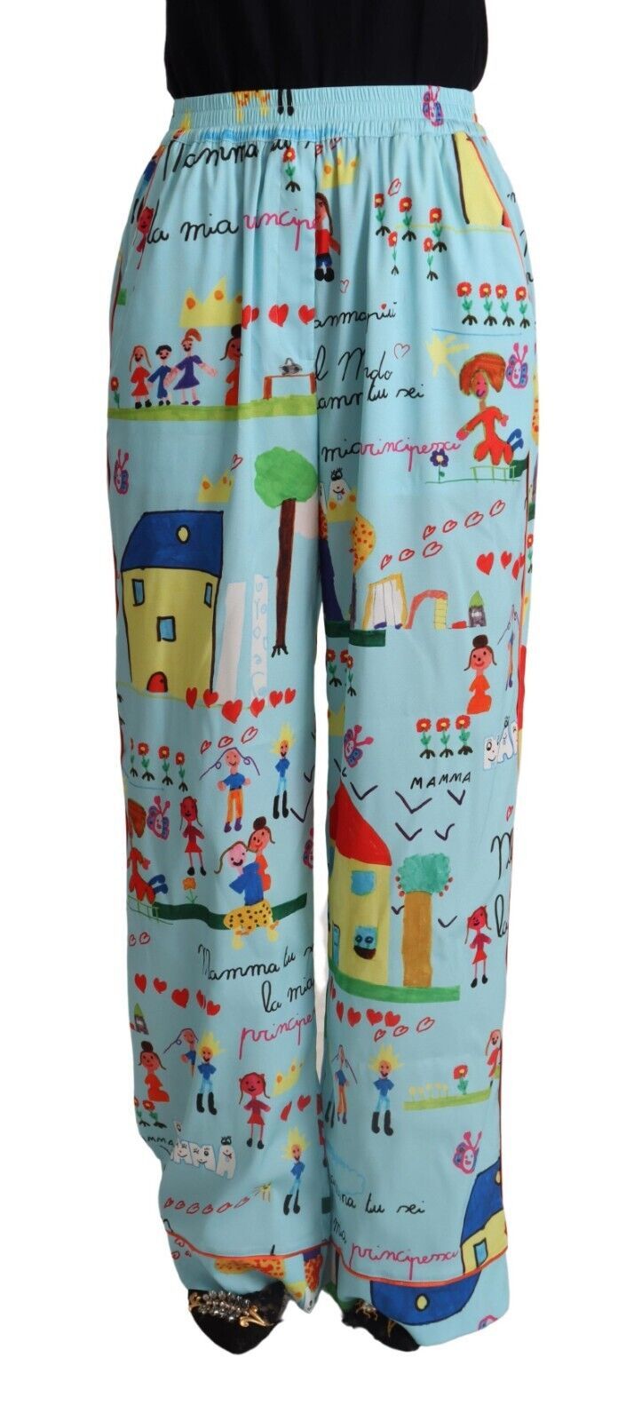 Light Blue Drawing Mid Waist Wide Leg Pants-Dolce & Gabbana-LabelTerrace.com