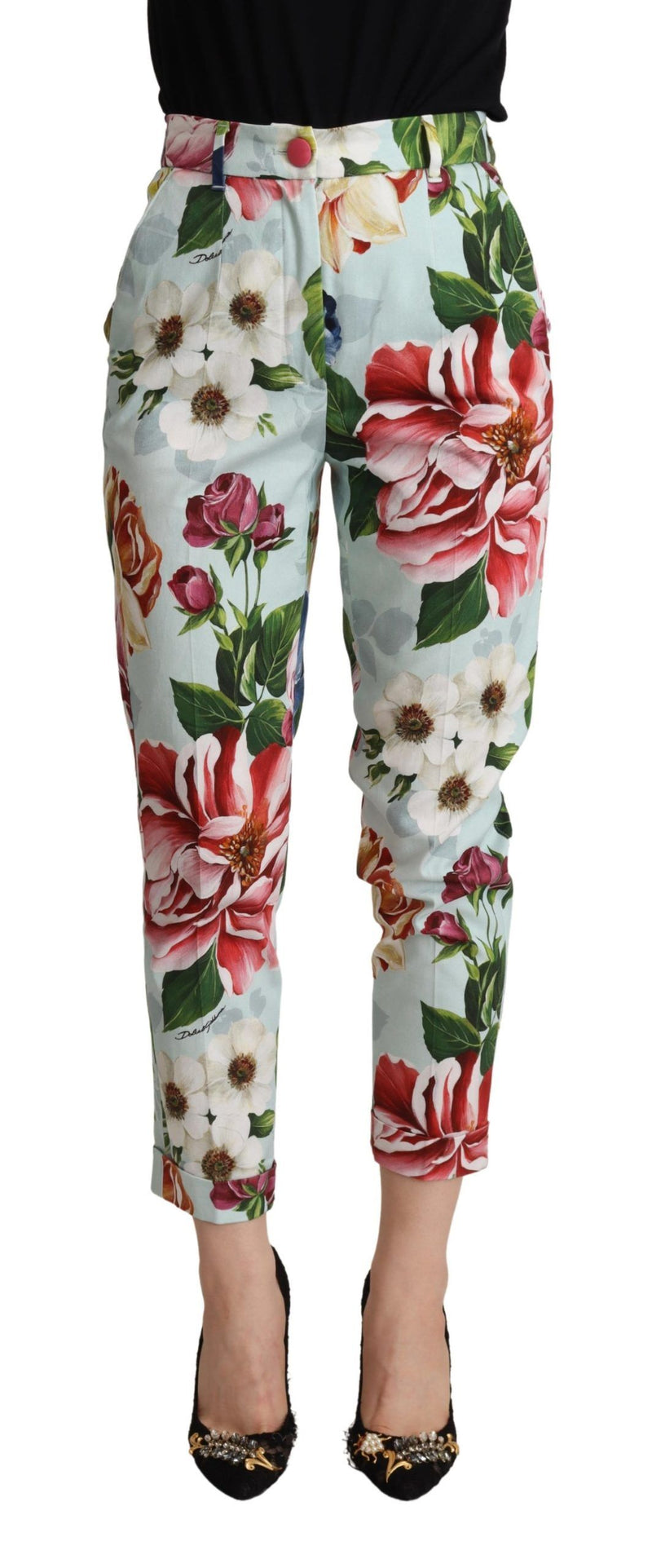 Light Blue Fiori Print Cotton Trouser Tapered Pants-Dolce & Gabbana-LabelTerrace.com