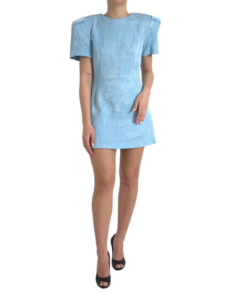 Light Blue Floral Jacquard Puff Sleeve Mini Dress-Dolce & Gabbana-LabelTerrace.com