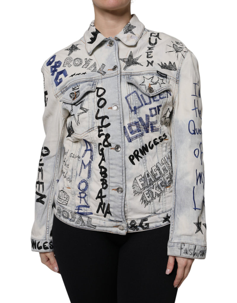 Light Blue Graffiti Button Down Denim Jacket-Dolce & Gabbana-LabelTerrace.com
