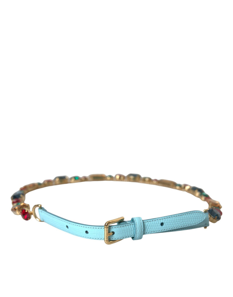 Light Blue Leather Crystal Chain Waist Belt-Dolce & Gabbana-LabelTerrace.com