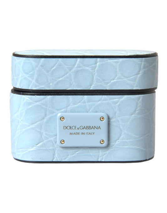 Light Blue Leather Metal Logo Plaque Airpods Case-Dolce & Gabbana-LabelTerrace.com
