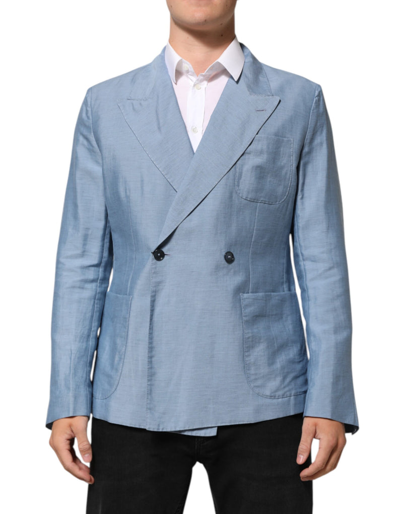 Light Blue Linen Double Breasted Men Jacket Blazer-Dolce & Gabbana-LabelTerrace.com