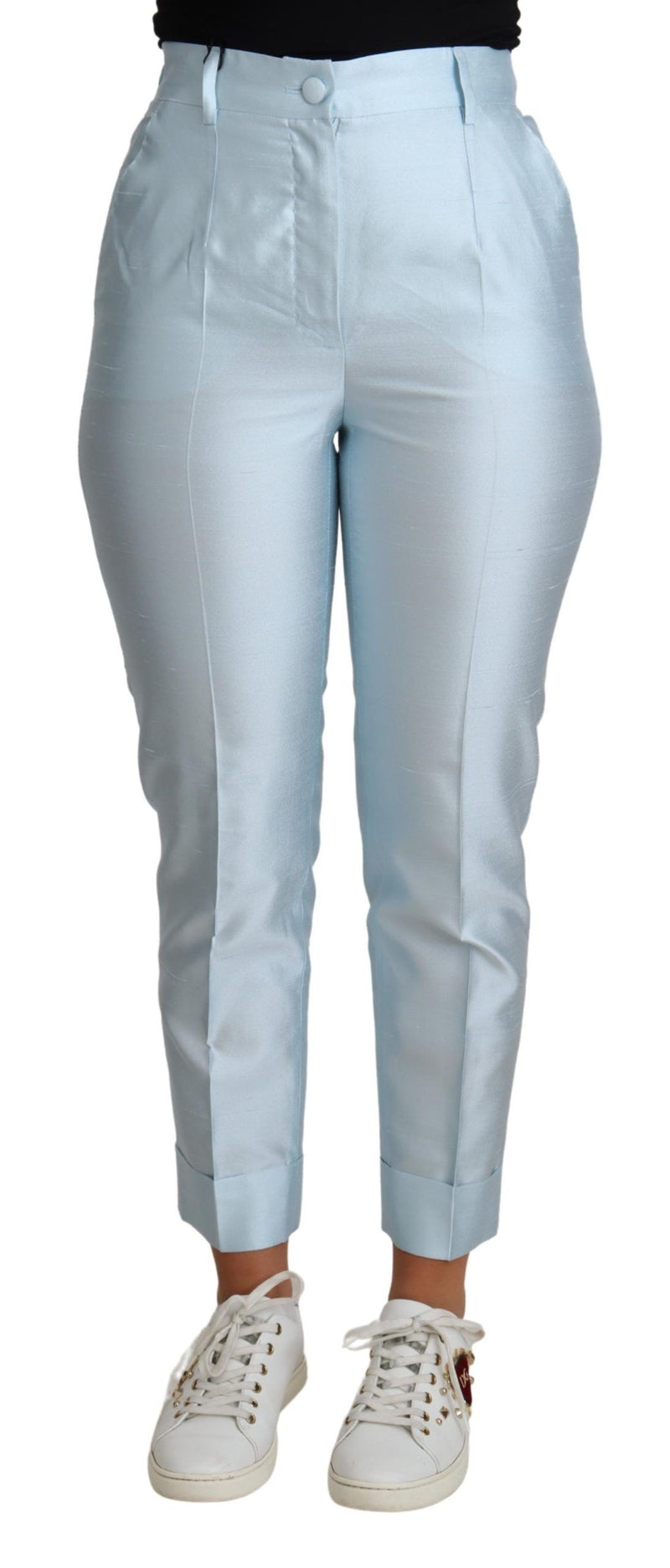 Light Blue Silk Cropped Tapered Trouser Pants-Dolce & Gabbana-LabelTerrace.com