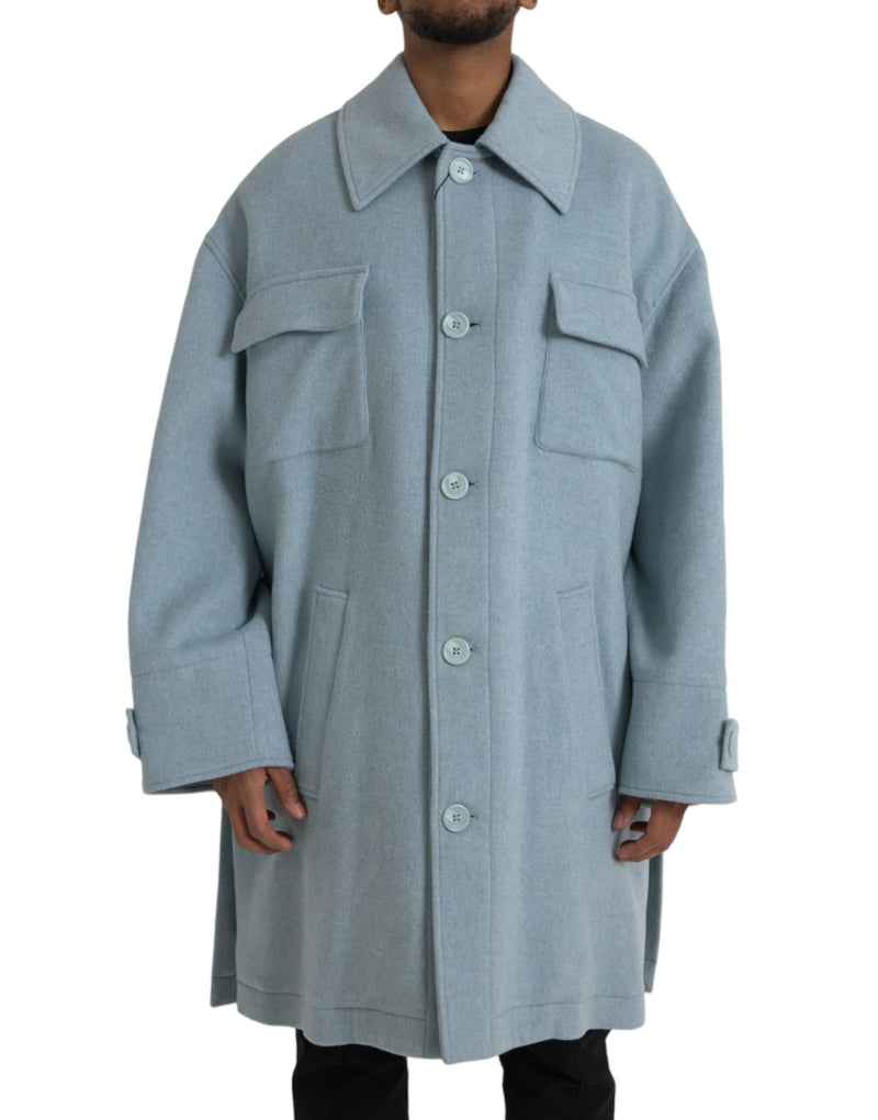 Light Blue Wool Button Trench Coat Jacket-Dolce & Gabbana-LabelTerrace.com