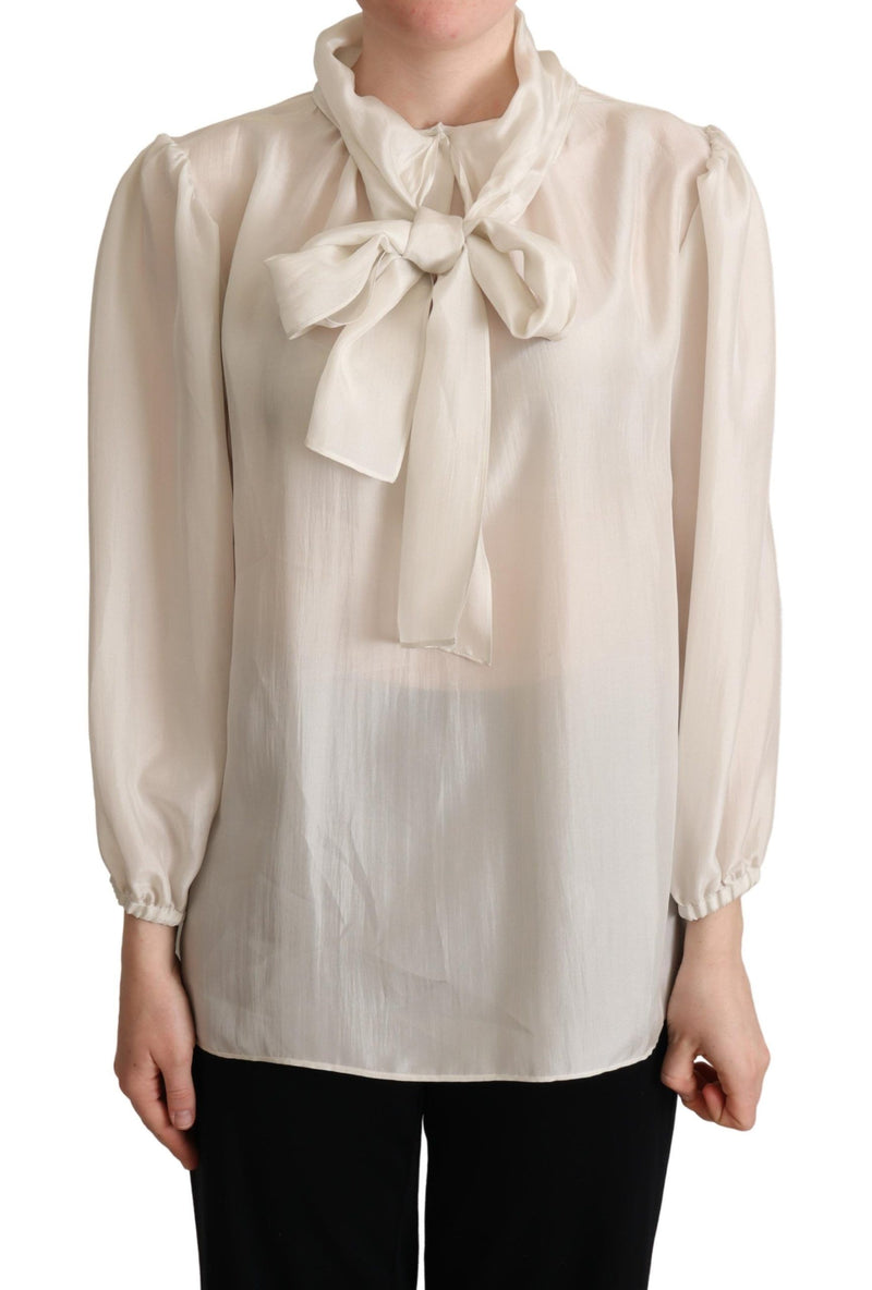 Light Gray Ascot Collar Shirt Silk Blouse Top-Dolce & Gabbana-LabelTerrace.com