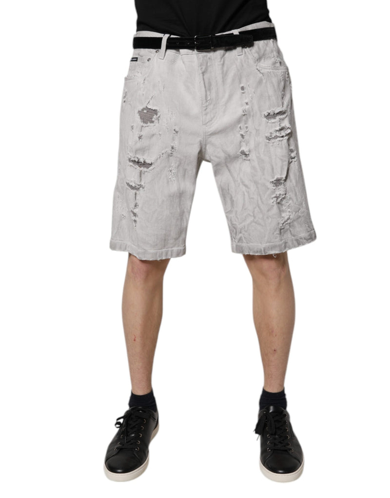 Light Gray Tattered Men Denim Bermuda Shorts-Dolce & Gabbana-LabelTerrace.com