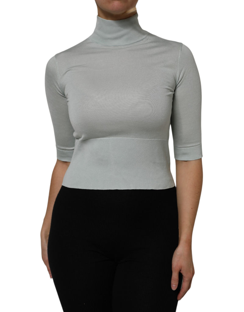 Light Green Silk Turtleneck 3/4 Sleeves Top-Dolce & Gabbana-LabelTerrace.com