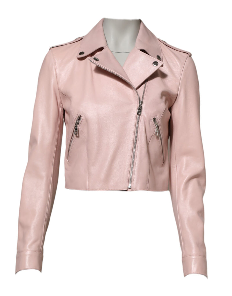 Light Pink Collar Leather Women Biker Jacket-Dolce & Gabbana-LabelTerrace.com
