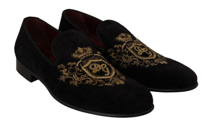 Loafers Black Velvet Gold Crown