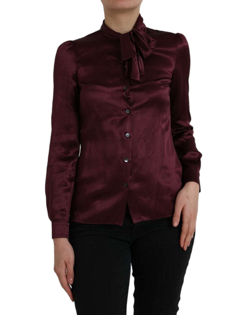 Maroon Ascot Collar Long Sleeve Top Blouse-Dolce & Gabbana-LabelTerrace.com