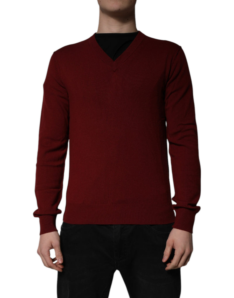 Maroon Cashmere V-neck Men Pullover Sweater-Dolce & Gabbana-LabelTerrace.com