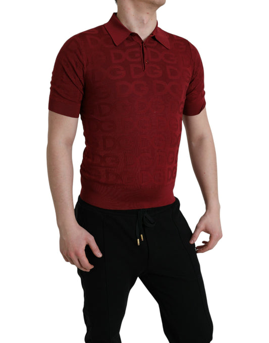 Maroon Collared Short Sleeve Silk T-shirt-Dolce & Gabbana-LabelTerrace.com