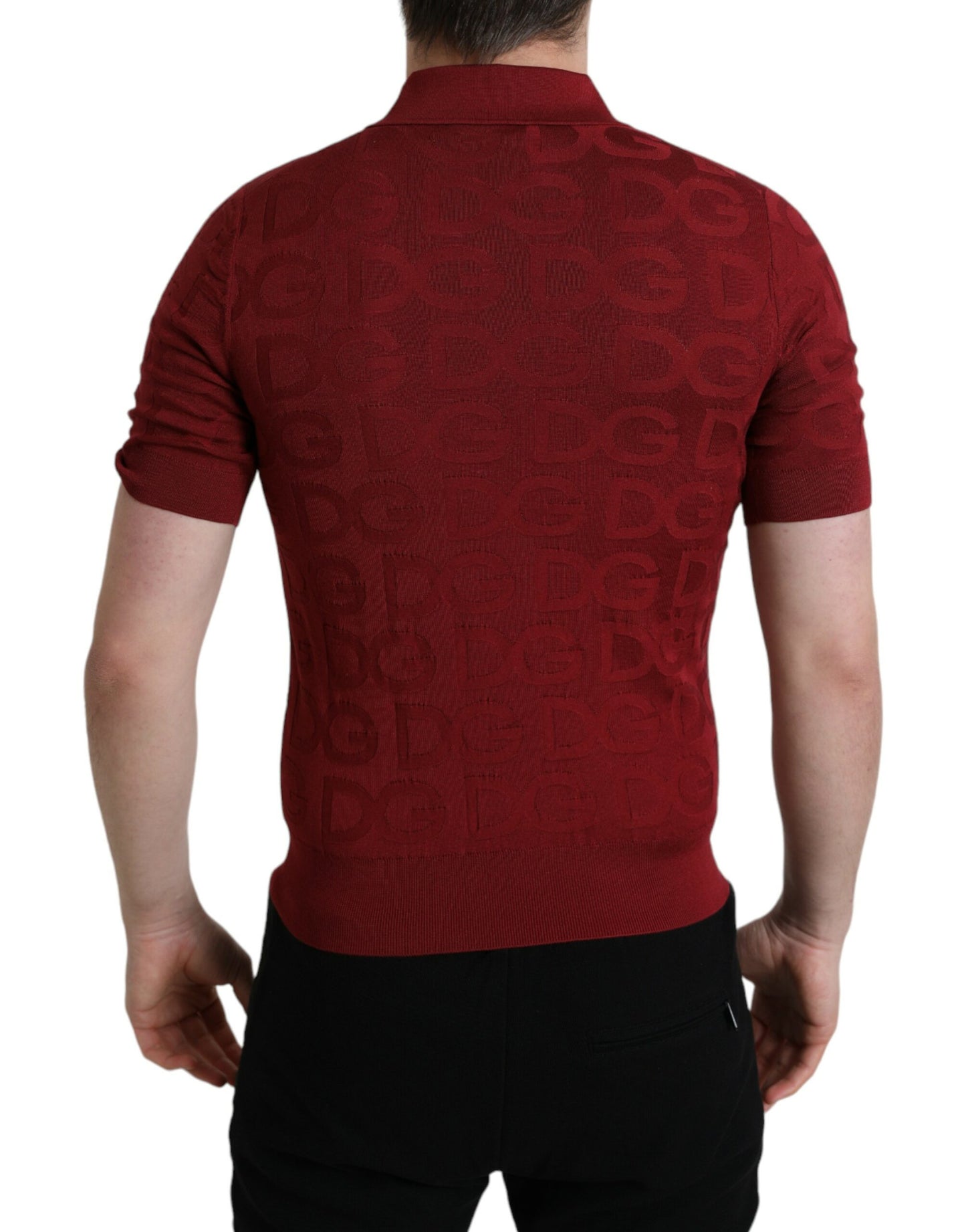 Maroon Collared Short Sleeve Silk T-shirt-Dolce & Gabbana-LabelTerrace.com
