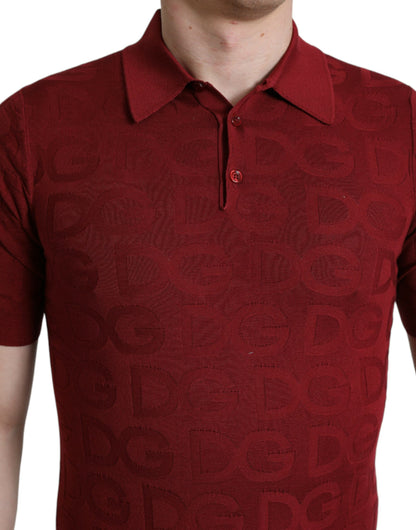 Maroon Collared Short Sleeve Silk T-shirt-Dolce & Gabbana-LabelTerrace.com