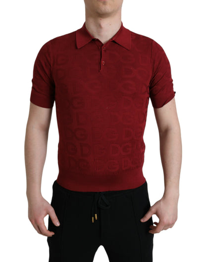 Maroon Collared Short Sleeve Silk T-shirt-Dolce & Gabbana-LabelTerrace.com