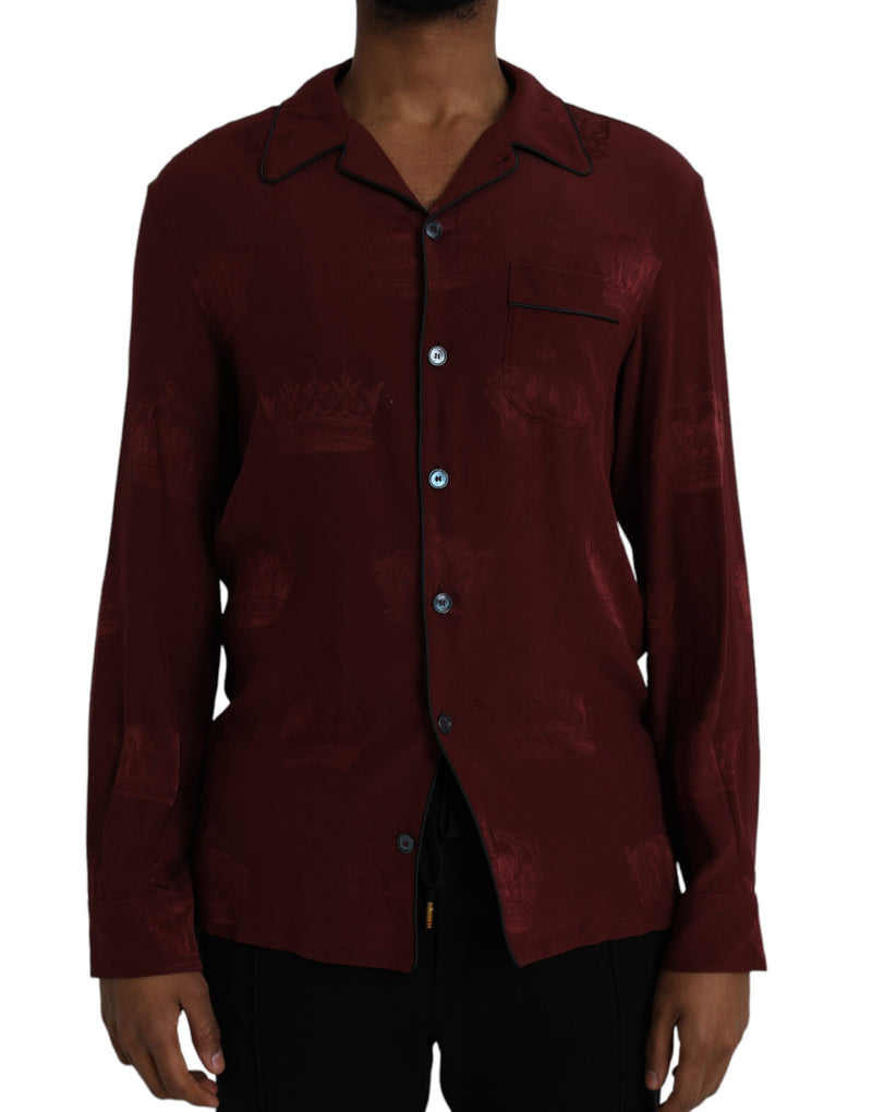 Maroon Crown Jacquard Silk Long Sleeve Shirt-Dolce & Gabbana-LabelTerrace.com