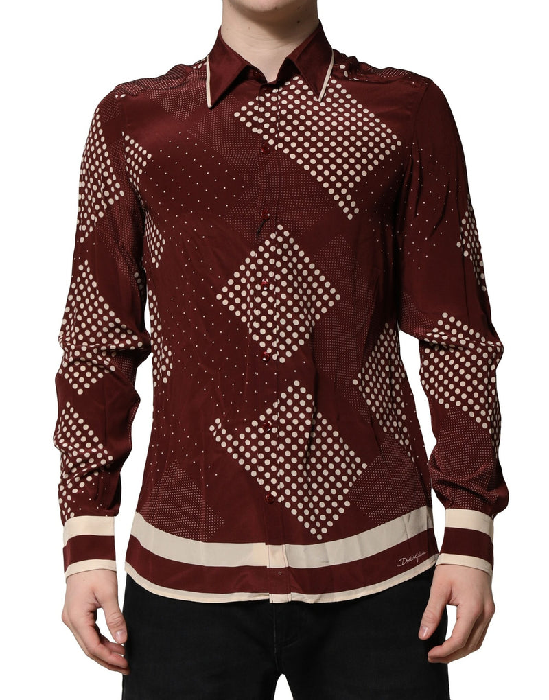 Maroon Dotted Silk Long Sleeve Casual Shirt-Dolce & Gabbana-LabelTerrace.com