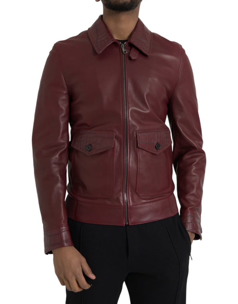 Maroon Exotic Leather Zip Biker Coat Jacket-Dolce & Gabbana-LabelTerrace.com