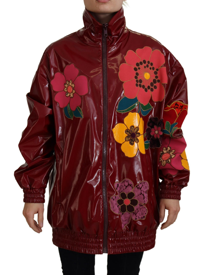 Maroon Floral Full Zip Polyester Women Jacket-Dolce & Gabbana-LabelTerrace.com