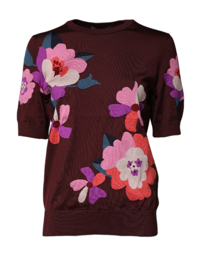 Maroon Floral Silk Crew Neck Blouse Top-Dolce & Gabbana-LabelTerrace.com