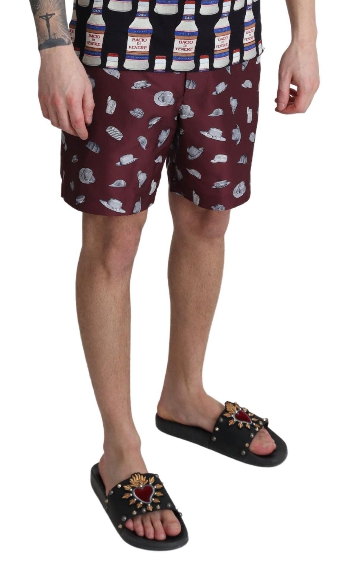 Maroon Hats Print Beachwear Shorts Swimwear-Dolce & Gabbana-LabelTerrace.com