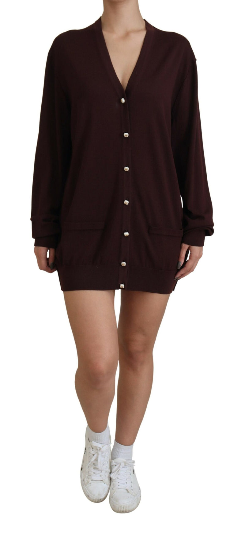 Maroon Wool Knit Deep V-neck Cardigan Sweater-Dolce & Gabbana-LabelTerrace.com