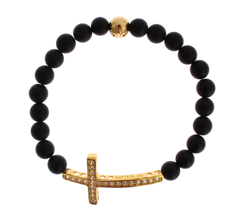 Matte Onyx Stone Gold CZ Cross 925 Silver Bracelet-Nialaya-LabelTerrace.com